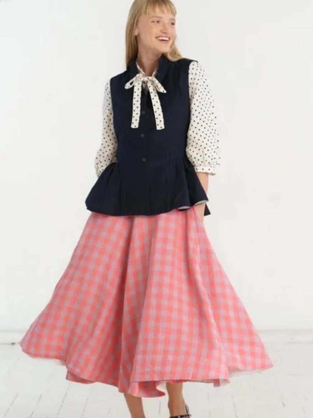 **NWT** Son de Flor Linen Coral and Pink Gingham Wrap Skirt (Discontinued Color)